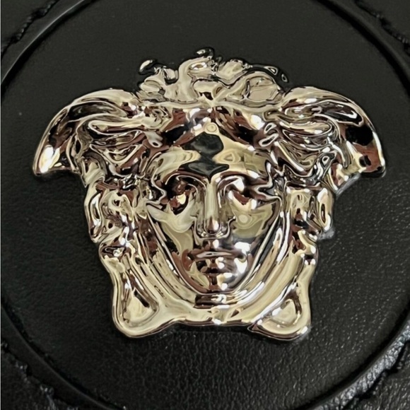 NWT VERSACE LA MEDUSA LOGO BLACK LEATHER STUDDED BAG CHARM KEY CHAIN - Picture 3 of 14